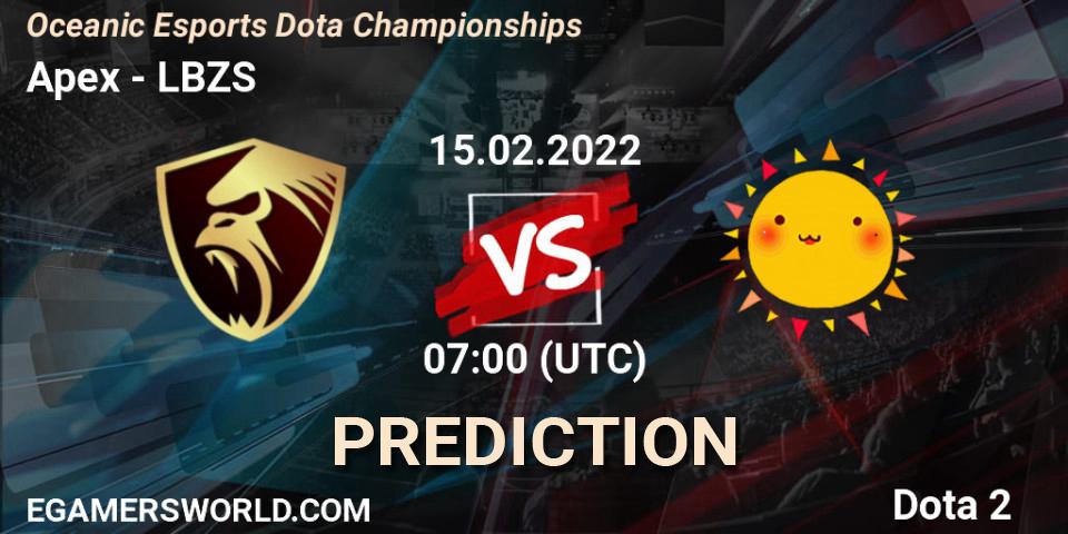 Prognose für das Spiel Apex VS LBZS. 15.02.2022 at 07:21. Dota 2 - Oceanic Esports Dota Championships