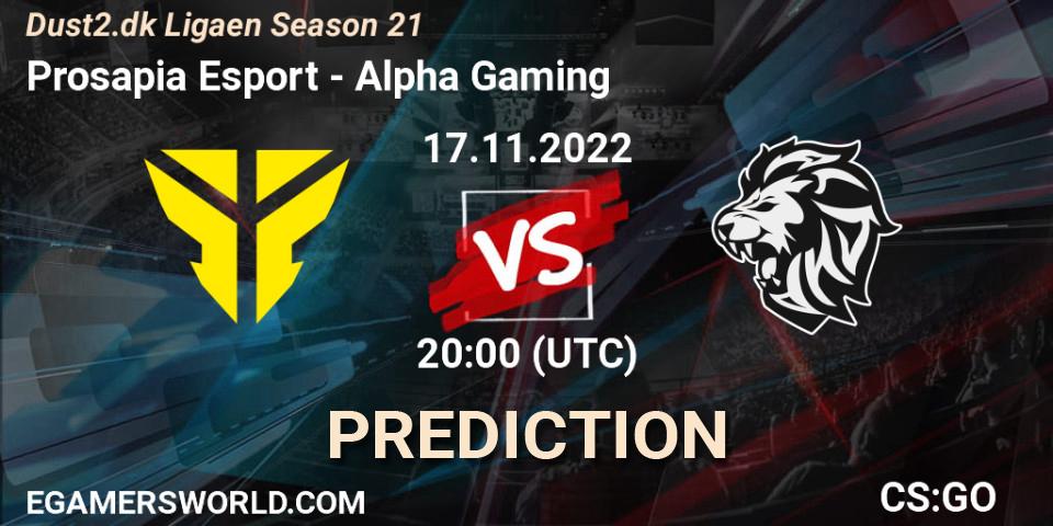 Prognose für das Spiel Prosapia Esport VS Alpha Gaming. 17.11.2022 at 20:00. Counter-Strike (CS2) - Dust2.dk Ligaen Season 21