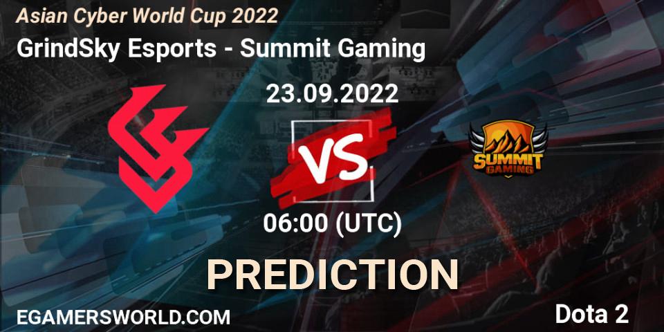 Prognose für das Spiel GrindSky Esports VS Summit Gaming. 23.09.2022 at 06:04. Dota 2 - Asian Cyber World Cup 2022