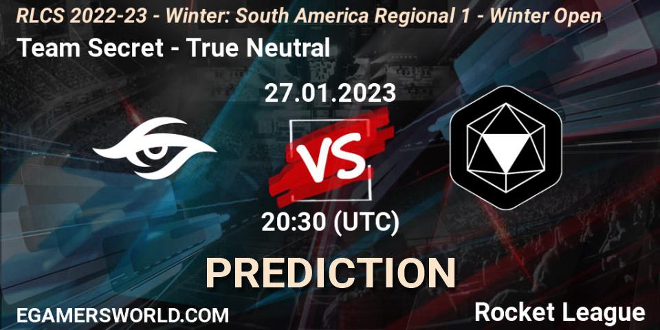 Prognose für das Spiel Team Secret VS True Neutral. 27.01.2023 at 20:30. Rocket League - RLCS 2022-23 - Winter: South America Regional 1 - Winter Open