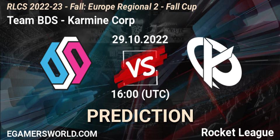 Prognose für das Spiel Team BDS VS Karmine Corp. 29.10.2022 at 16:00. Rocket League - RLCS 2022-23 - Fall: Europe Regional 2 - Fall Cup