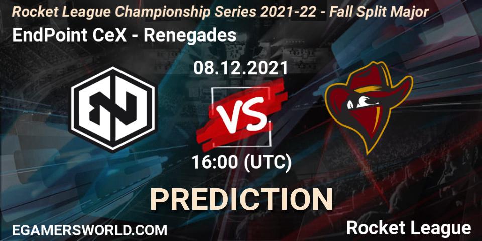 Prognose für das Spiel EndPoint CeX VS Renegades. 08.12.2021 at 18:00. Rocket League - RLCS 2021-22 - Fall Split Major