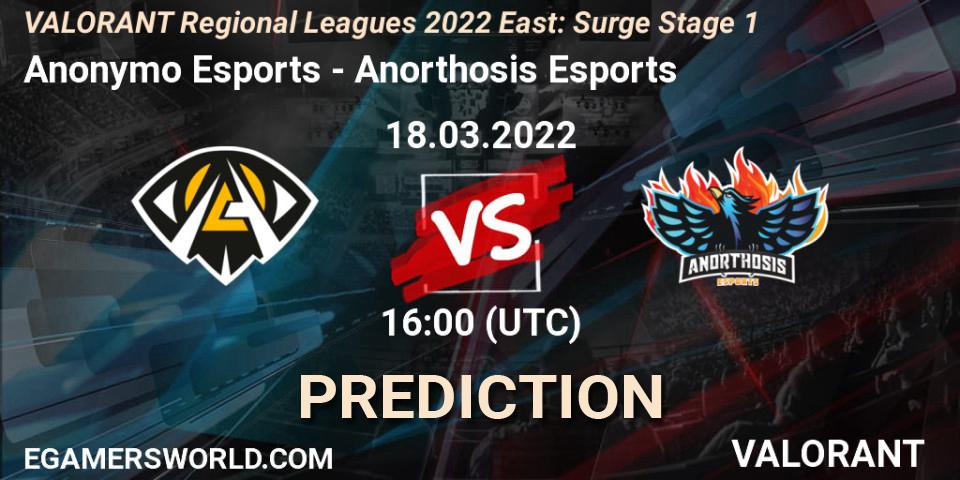Prognose für das Spiel Anonymo Esports VS Anorthosis Esports. 18.03.2022 at 16:00. VALORANT - VALORANT Regional Leagues 2022 East: Surge Stage 1