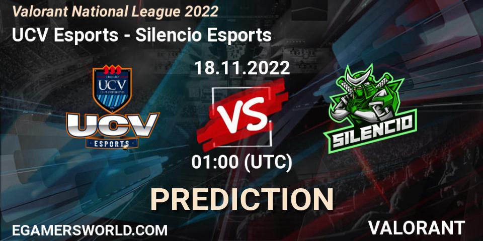 Prognose für das Spiel UCV Esports VS Silencio Esports. 18.11.2022 at 01:00. VALORANT - Valorant National League 2022