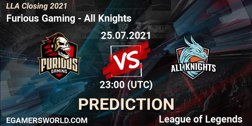 Prognose für das Spiel Furious Gaming VS All Knights. 25.07.2021 at 23:00. LoL - LLA Closing 2021