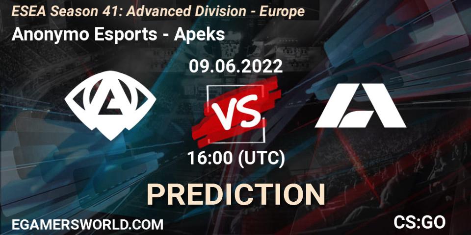 Prognose für das Spiel Anonymo Esports VS Apeks. 09.06.22. CS2 (CS:GO) - ESEA Season 41: Advanced Division - Europe