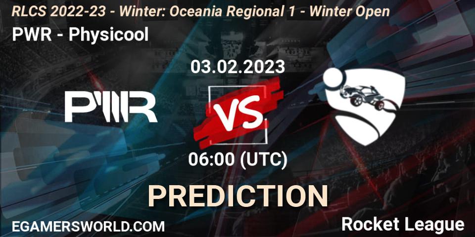 Prognose für das Spiel PWR VS Physicool. 03.02.2023 at 06:00. Rocket League - RLCS 2022-23 - Winter: Oceania Regional 1 - Winter Open
