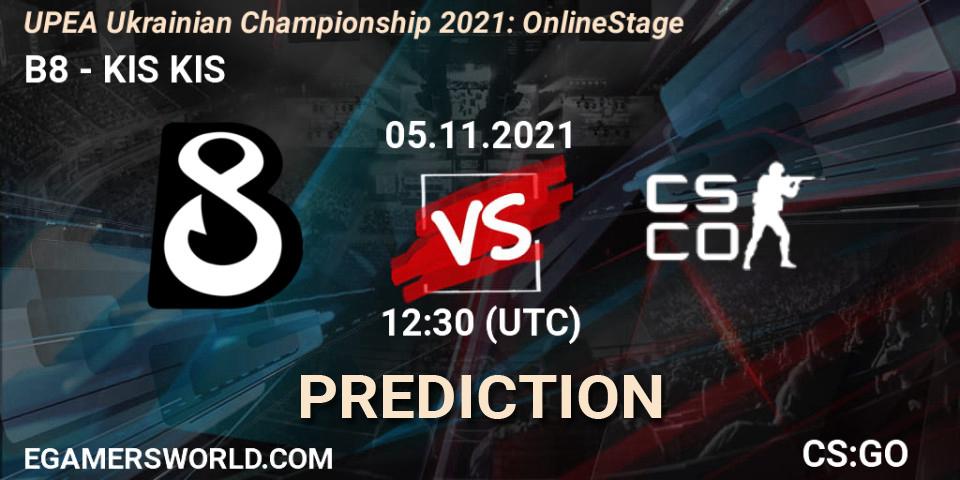 Prognose für das Spiel B8 VS KIS KIS. 05.11.2021 at 16:30. Counter-Strike (CS2) - UPEA Ukrainian Championship 2021: Online Stage