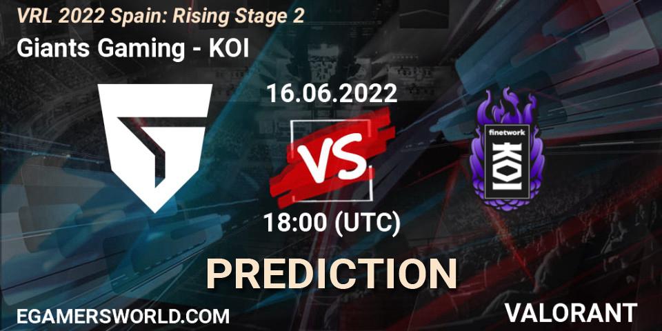 Prognose für das Spiel Giants Gaming VS KOI. 16.06.2022 at 18:20. VALORANT - VRL 2022 Spain: Rising Stage 2
