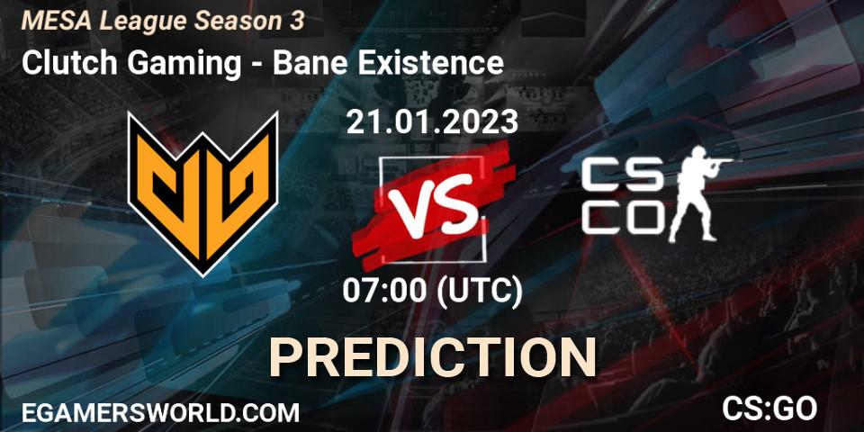 Prognose für das Spiel Clutch Gaming VS Bane Existence. 21.01.2023 at 06:30. Counter-Strike (CS2) - MESA League Season 3