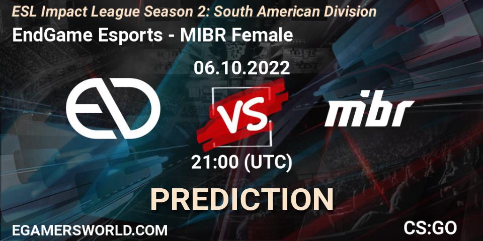 Prognose für das Spiel EndGame Esports VS MIBR Female. 06.10.2022 at 21:00. Counter-Strike (CS2) - ESL Impact League Season 2: South American Division