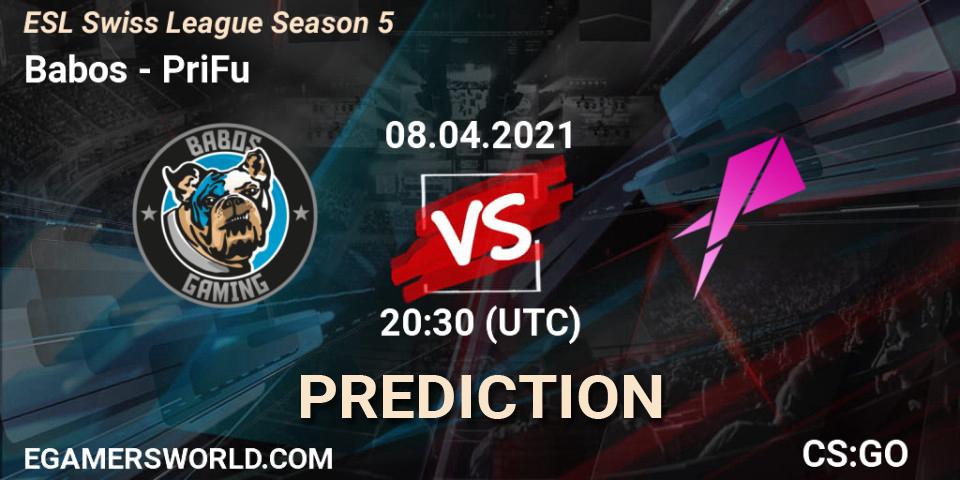 Prognose für das Spiel Babos VS PriFu. 08.04.2021 at 20:30. Counter-Strike (CS2) - ESL Swiss League Season 5