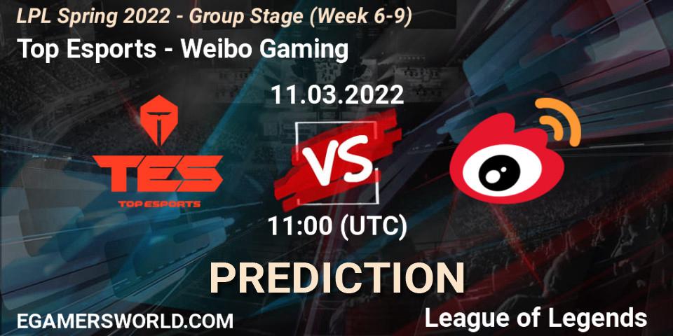 Prognose für das Spiel Top Esports VS Weibo Gaming. 11.03.2022 at 11:15. LoL - LPL Spring 2022 - Group Stage (Week 6-9)