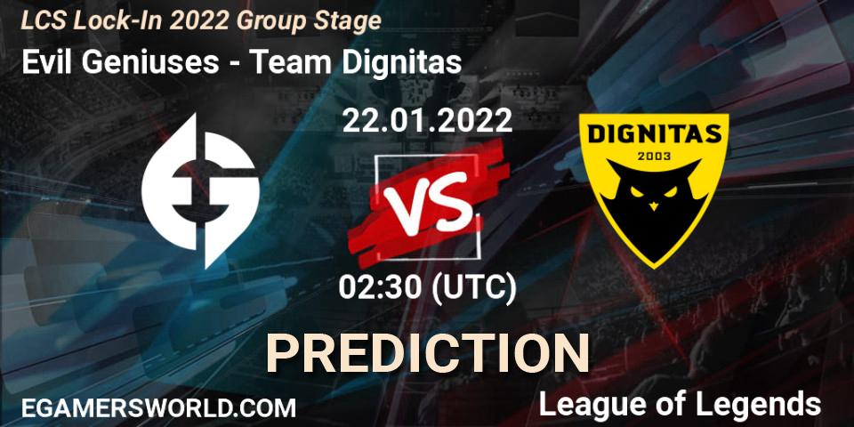 Prognose für das Spiel Evil Geniuses VS Team Dignitas. 22.01.2022 at 02:30. LoL - LCS Lock-In 2022 Group Stage