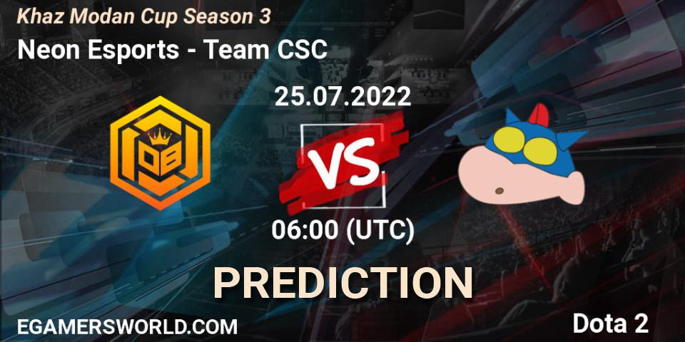 Prognose für das Spiel Neon Esports VS Team CSC. 25.07.2022 at 06:12. Dota 2 - Khaz Modan Cup Season 3