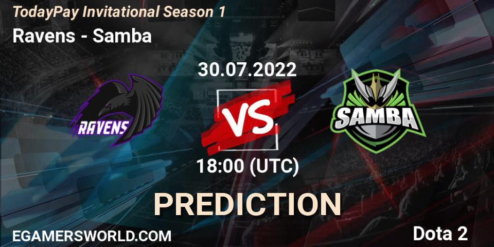 Prognose für das Spiel Ravens VS Samba. 30.07.2022 at 18:11. Dota 2 - TodayPay Invitational Season 1