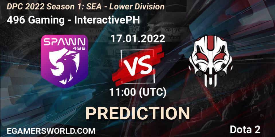 Prognose für das Spiel 496 Gaming VS InteractivePH. 17.01.2022 at 11:00. Dota 2 - DPC 2022 Season 1: SEA - Lower Division