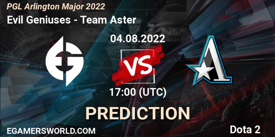 Prognose für das Spiel Evil Geniuses VS Team Aster. 04.08.2022 at 17:37. Dota 2 - PGL Arlington Major 2022 - Group Stage