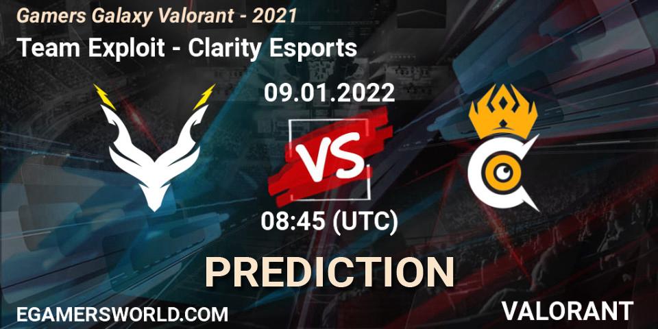 Prognose für das Spiel Team Exploit VS Clarity Esports. 09.01.2022 at 08:45. VALORANT - Gamers Galaxy Valorant - 2021