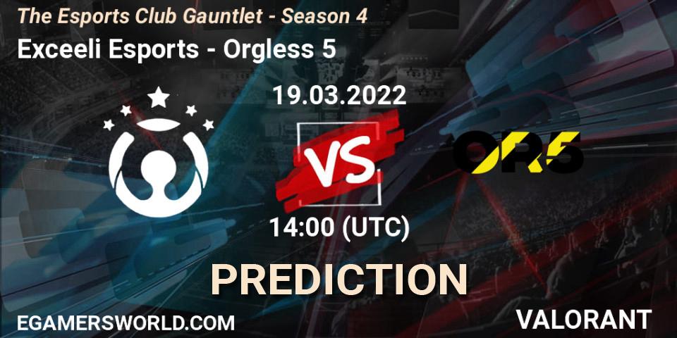 Prognose für das Spiel Exceeli Esports VS Orgless 5. 20.03.2022 at 14:00. VALORANT - The Esports Club Gauntlet - Season 4