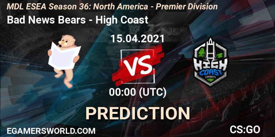 Prognose für das Spiel Bad News Bears VS High Coast. 15.04.21. CS2 (CS:GO) - MDL ESEA Season 36: North America - Premier Division