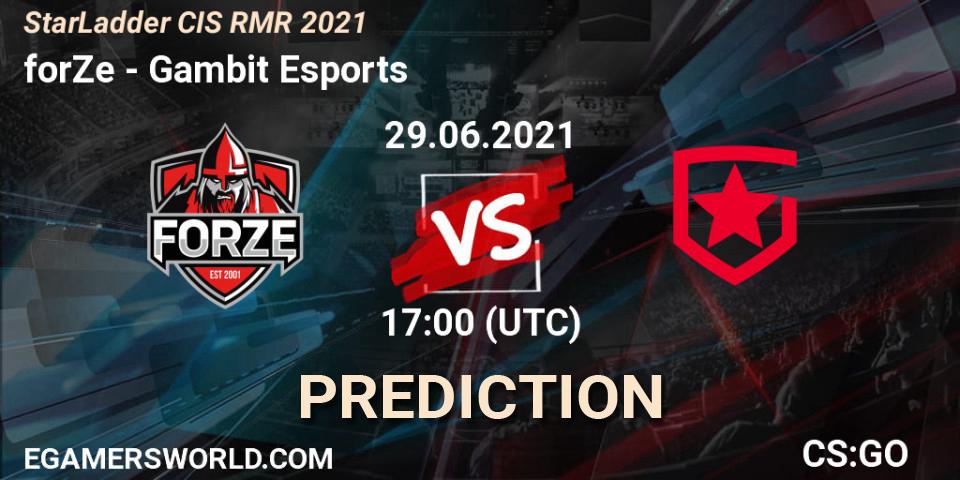 Prognose für das Spiel forZe VS Gambit Esports. 29.06.2021 at 17:00. Counter-Strike (CS2) - StarLadder CIS RMR 2021