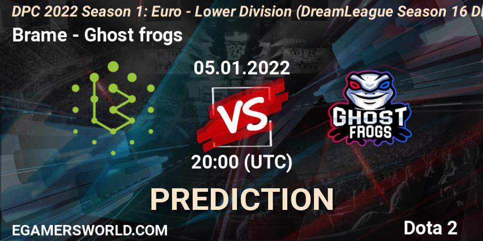 Prognose für das Spiel Brame VS Ghost frogs. 05.01.2022 at 20:25. Dota 2 - DPC 2022 Season 1: Euro - Lower Division (DreamLeague Season 16 DPC WEU)