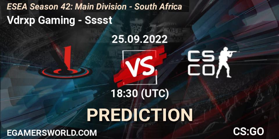 Prognose für das Spiel Vdrxp Gaming VS Sssst. 25.09.22. CS2 (CS:GO) - ESEA Season 42: Main Division - South Africa