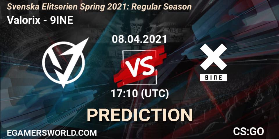 Prognose für das Spiel Valorix VS 9INE. 08.04.2021 at 17:10. Counter-Strike (CS2) - Svenska Elitserien Spring 2021: Regular Season