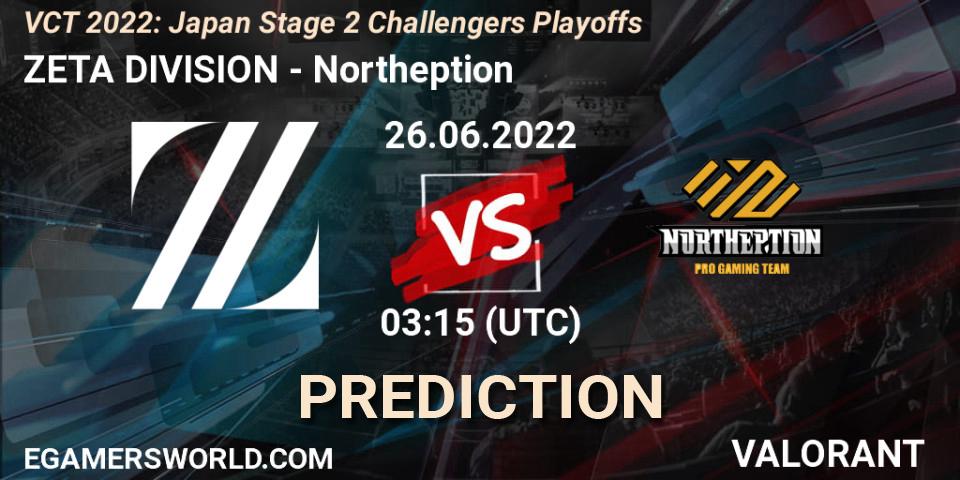 Prognose für das Spiel ZETA DIVISION VS Northeption. 26.06.2022 at 03:15. VALORANT - VCT 2022: Japan Stage 2 Challengers Playoffs