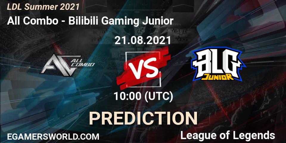 Prognose für das Spiel All Combo VS Bilibili Gaming Junior. 21.08.2021 at 10:20. LoL - LDL Summer 2021