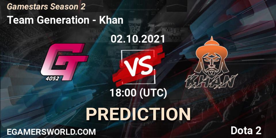 Prognose für das Spiel Team Generation VS Khan. 02.10.21. Dota 2 - Gamestars Season 2