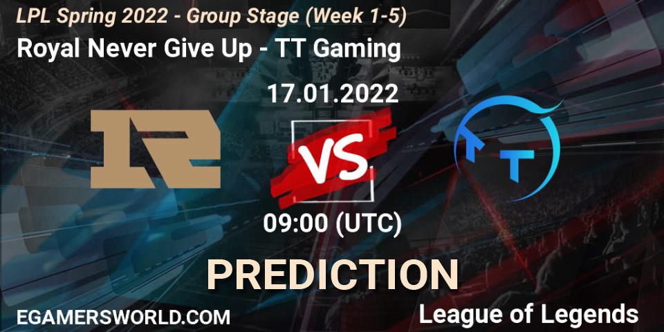 Prognose für das Spiel Royal Never Give Up VS TT Gaming. 17.01.22. LoL - LPL Spring 2022 - Group Stage (Week 1-5)