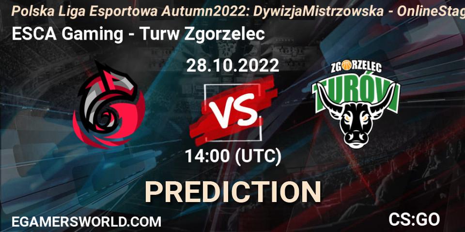 Prognose für das Spiel ESCA Gaming VS Turów Zgorzelec. 28.10.2022 at 14:00. Counter-Strike (CS2) - Polska Liga Esportowa Autumn 2022: Dywizja Mistrzowska - Online Stage