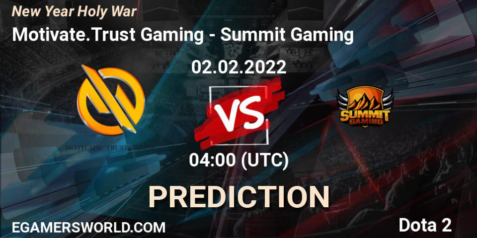 Prognose für das Spiel Motivate.Trust Gaming VS Summit Gaming. 02.02.2022 at 04:03. Dota 2 - New Year Holy War