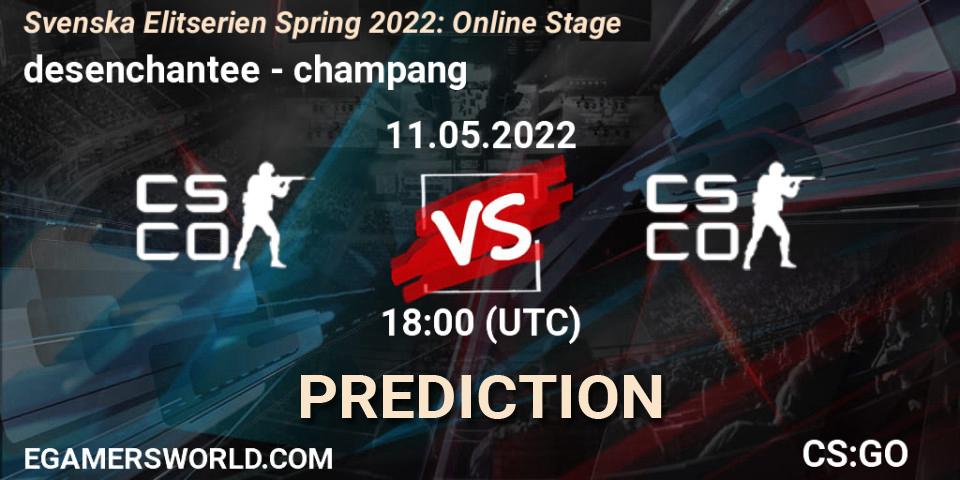 Prognose für das Spiel desenchantee VS champang. 11.05.2022 at 18:00. Counter-Strike (CS2) - Svenska Elitserien Spring 2022: Online Stage