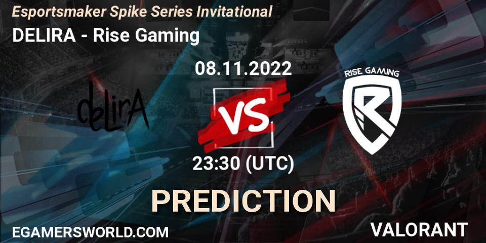 Prognose für das Spiel DELIRA VS Rise Gaming. 09.11.2022 at 01:00. VALORANT - Esportsmaker Spike Series Invitational