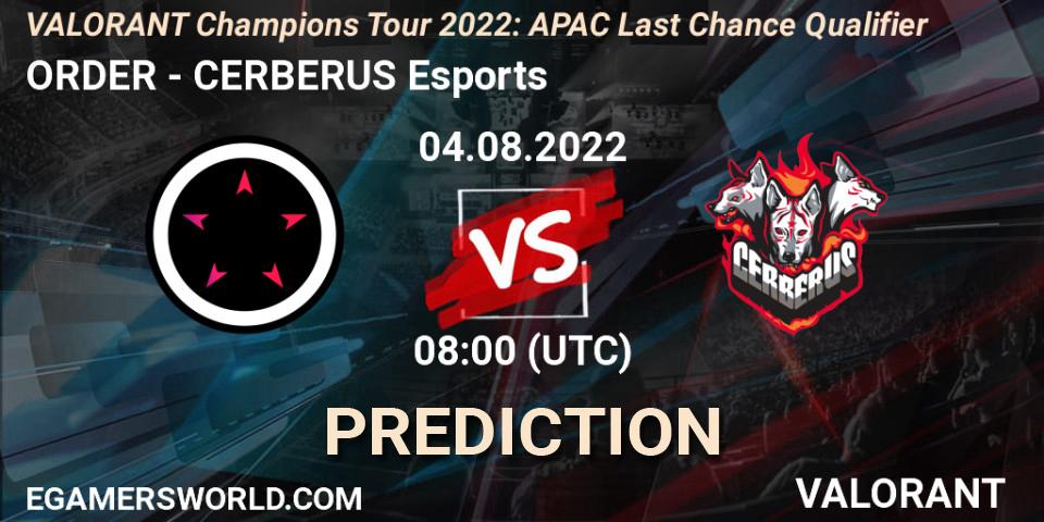 Prognose für das Spiel ORDER VS CERBERUS Esports. 04.08.2022 at 08:00. VALORANT - VCT 2022: APAC Last Chance Qualifier