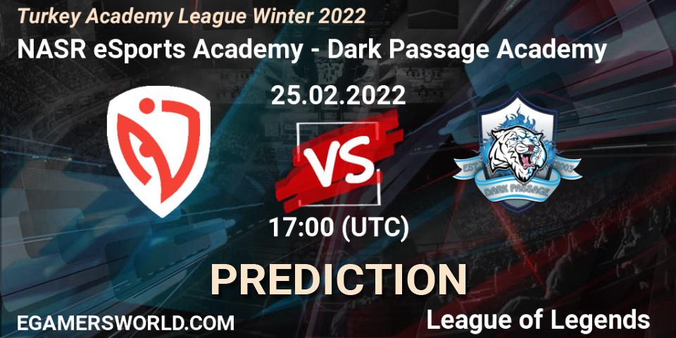 Prognose für das Spiel NASR eSports Academy VS Dark Passage Academy. 25.02.2022 at 17:00. LoL - Turkey Academy League Winter 2022