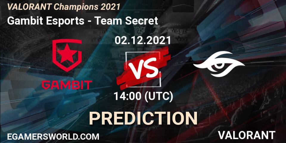 Prognose für das Spiel Gambit Esports VS Team Secret. 02.12.2021 at 14:00. VALORANT - VALORANT Champions 2021