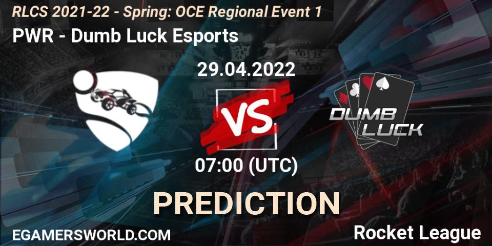 Prognose für das Spiel PWR VS Dumb Luck Esports. 29.04.2022 at 07:00. Rocket League - RLCS 2021-22 - Spring: OCE Regional Event 1