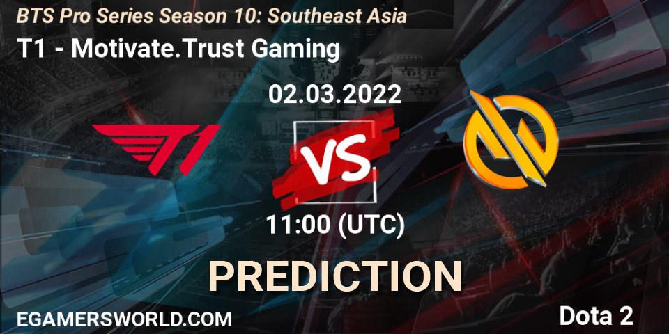 Prognose für das Spiel T1 VS Motivate.Trust Gaming. 02.03.2022 at 11:05. Dota 2 - BTS Pro Series Season 10: Southeast Asia