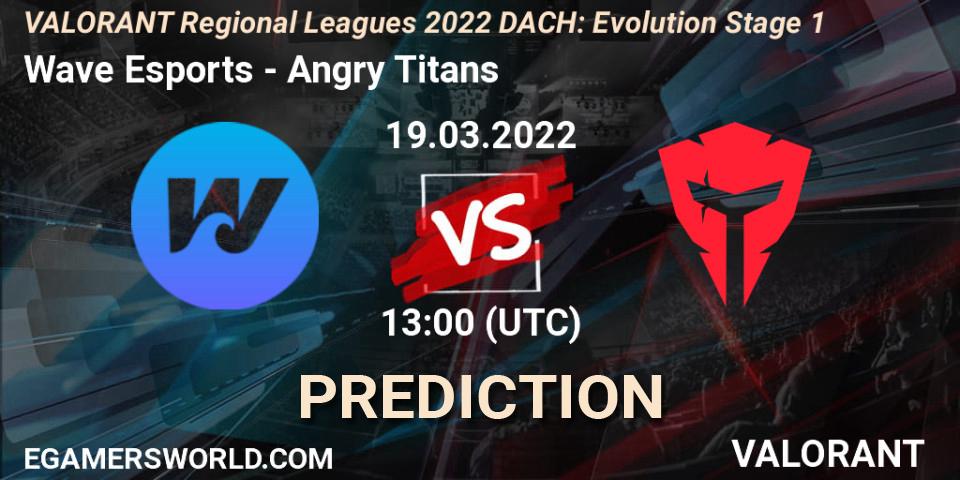 Prognose für das Spiel Wave Esports VS Angry Titans. 19.03.2022 at 13:00. VALORANT - VALORANT Regional Leagues 2022 DACH: Evolution Stage 1