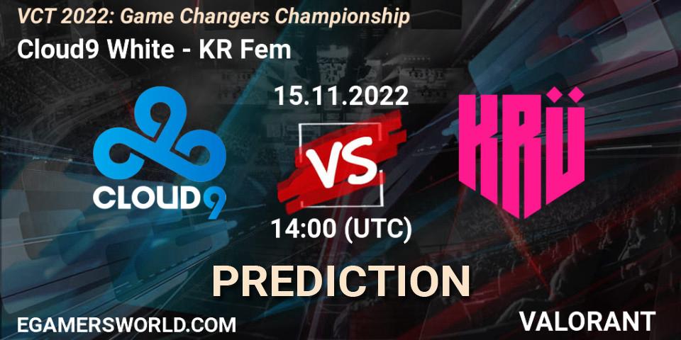 Prognose für das Spiel Cloud9 White VS KRÜ Fem. 15.11.2022 at 14:05. VALORANT - VCT 2022: Game Changers Championship