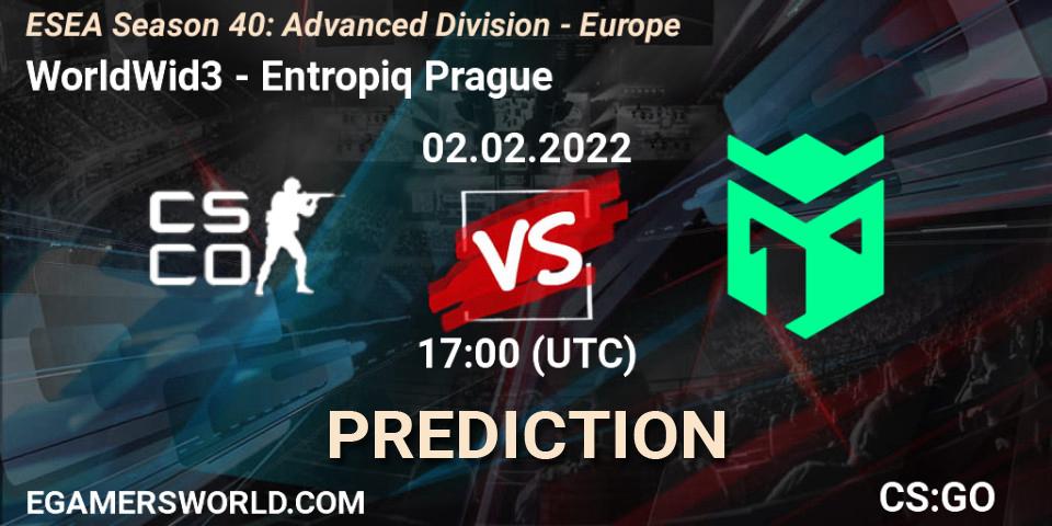 Prognose für das Spiel WorldWid3 VS Entropiq Prague. 02.02.2022 at 17:00. Counter-Strike (CS2) - ESEA Season 40: Advanced Division - Europe