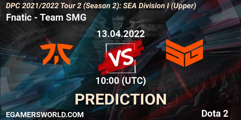 Prognose für das Spiel Fnatic VS Team SMG. 13.04.2022 at 10:25. Dota 2 - DPC 2021/2022 Tour 2 (Season 2): SEA Division I (Upper)