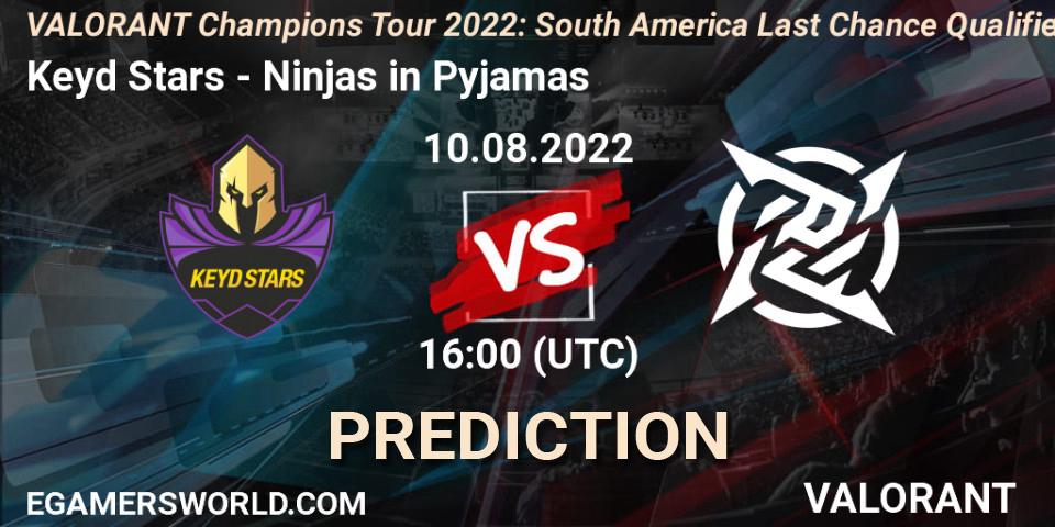 Prognose für das Spiel Keyd Stars VS Ninjas in Pyjamas. 10.08.2022 at 19:00. VALORANT - VCT 2022: South America Last Chance Qualifier