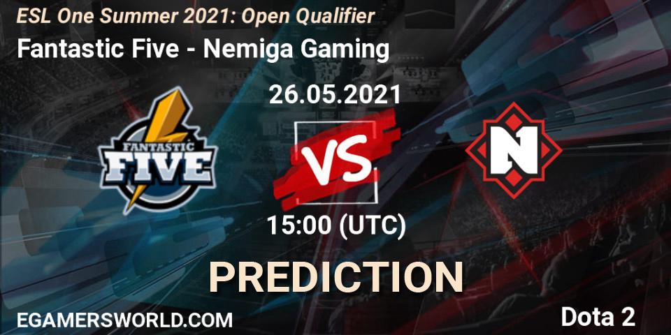 Prognose für das Spiel Fantastic Five VS Nemiga Gaming. 26.05.2021 at 15:08. Dota 2 - ESL One Summer 2021: Open Qualifier