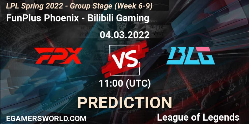 Prognose für das Spiel FunPlus Phoenix VS Bilibili Gaming. 04.03.2022 at 12:30. LoL - LPL Spring 2022 - Group Stage (Week 6-9)