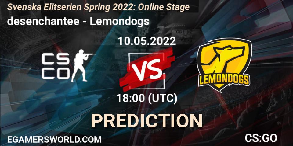 Prognose für das Spiel desenchantee VS Lemondogs. 10.05.2022 at 18:00. Counter-Strike (CS2) - Svenska Elitserien Spring 2022: Online Stage